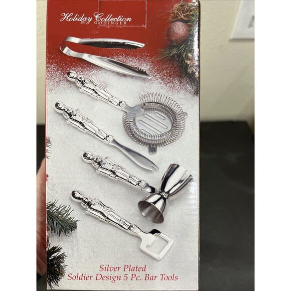 Holiday Collection Godinger 5 Pc Christmas Soldier Bar Tool Set Silver Plate VTG - Picture 1 of 11